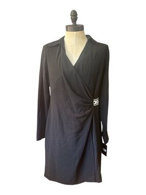 DKNY Black Wrap Dress with Subtle Logo Detail